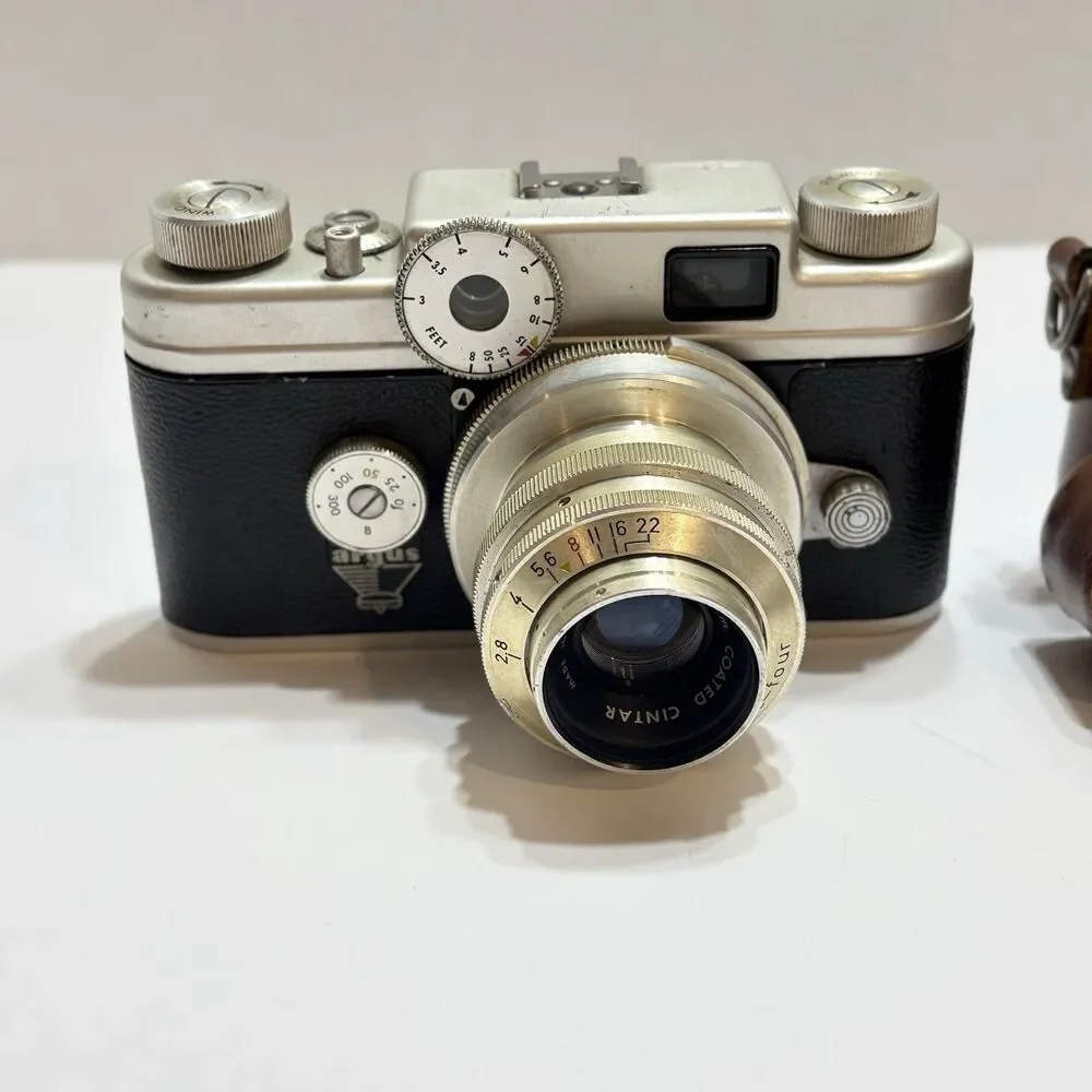Vintage Argus C-Four 35mm Camera With 50mm f/2.8 Cintar Lens And Leather Case